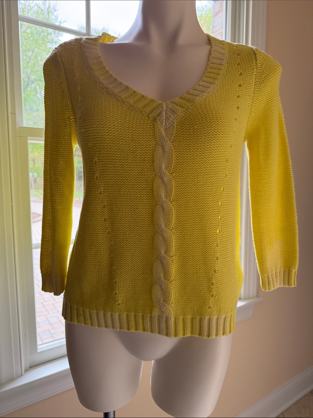 Guess Lemon Yellow V-Neck Cable & Open-Knit Sweater